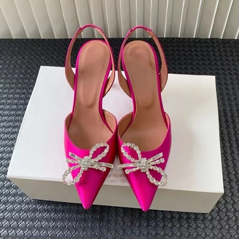 Slip Dress Satin - คริสตัล Bow-Knot รองเท้าส้นสูงรองเท้าแตะชี้ Toe สายคล้องคอ Sandalias